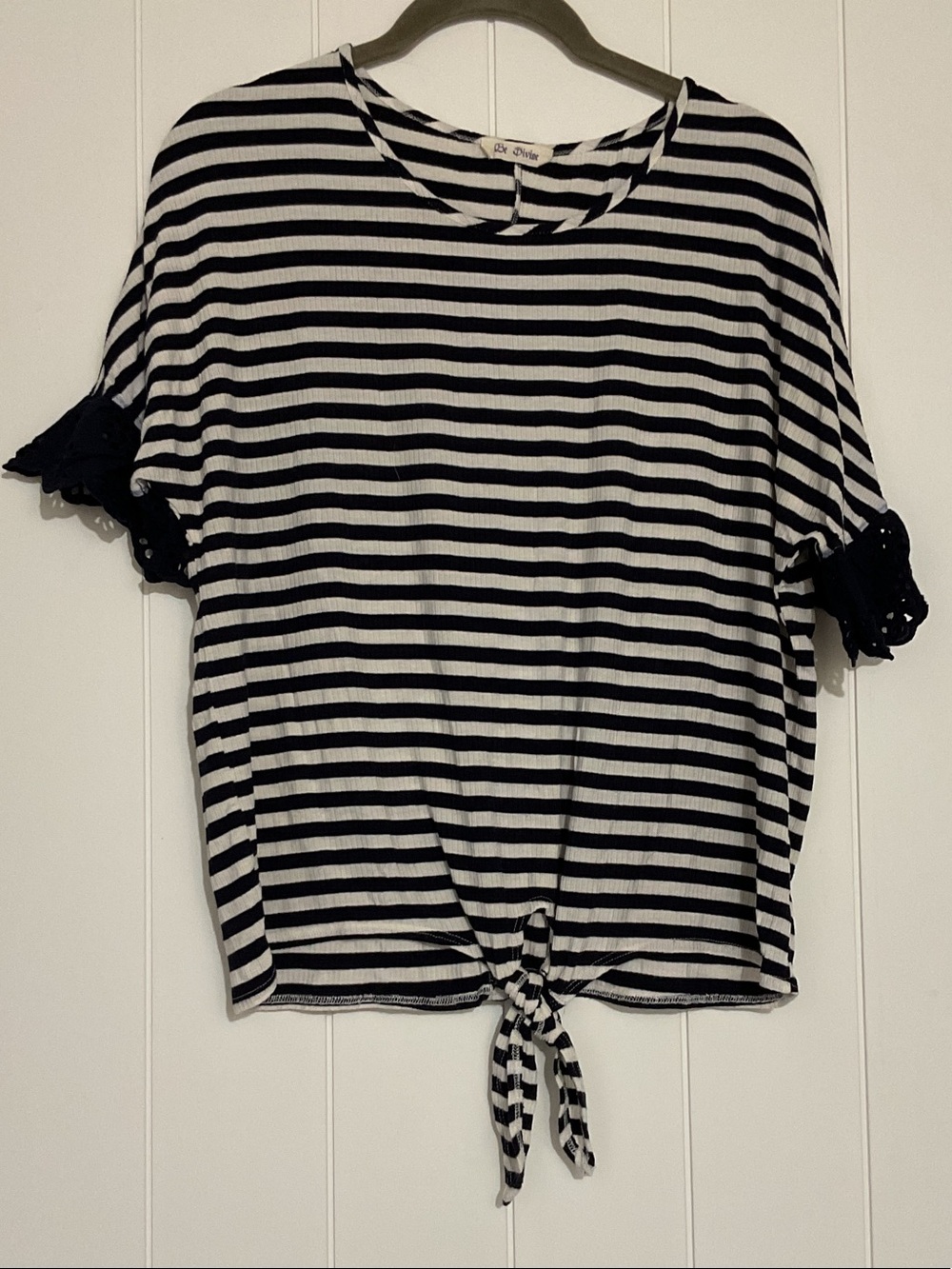 Navy Blue & White Striped Tie-Front Short Sleeve Top